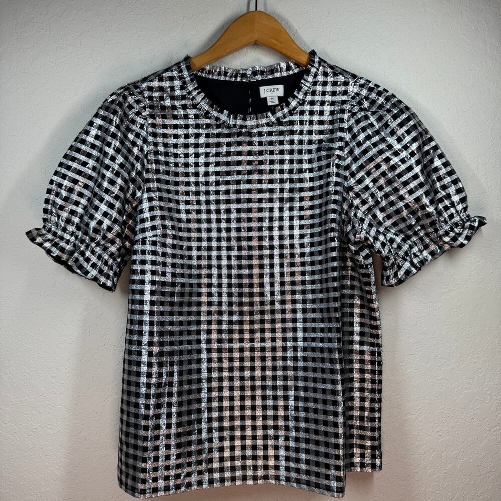 Women's J. Crew Black and Silver Check Metallic Short‎ Sleeve Shirt Size M NEW